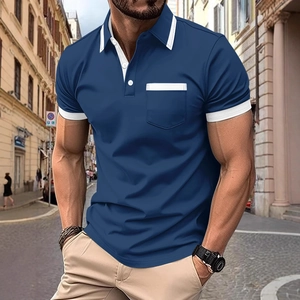 Men's navy blue short sleeve polo shirt with white contrast collar and pocket