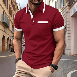 Men's burgundy polo shirt with white contrast trim on collar and pocket for summer