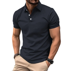 Slim fit men's short sleeve navy polo shirt with white buttons for casual wear