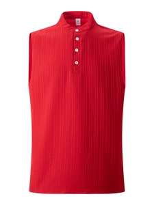 Detail of red stand collar vest showing vertical pleat texture and white buttons