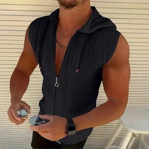Men's striped jacquard sleeveless hoodie with zipper closure in dark charcoal athletic style