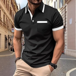 Slim fit black short sleeve polo shirt with white contrast stripes and chest pocket