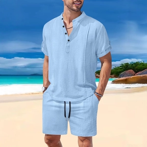Men's light blue cotton linen beach set with short sleeve Henley shirt and shorts