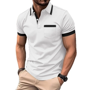 Men's slim fit short sleeve white polo shirt with black contrast trim and chest pocket