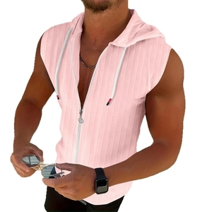 Men's light pink sleeveless hooded zip-up vest with vertical textured knit fabric
