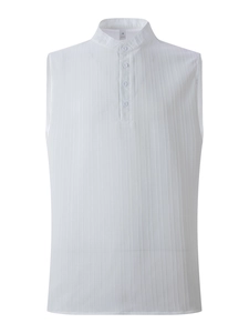Detail view of white sleeveless shirt with stand collar and vertical pleated texture