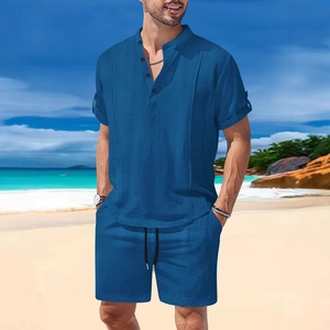 Men's royal blue Henley neck short sleeve shirt and shorts beach set in linen fabric