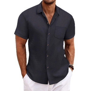 Men's summer casual vertical striped short sleeve shirt with chest pocket in dark grey