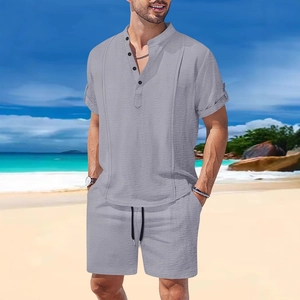 Men's grey summer casual beach set with short sleeve Henley shirt and drawstring shorts