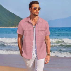 Men's summer short sleeve shirt with red and white stripes and dual chest pockets