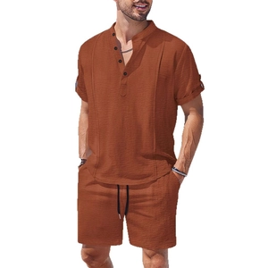 Men's summer casual two-piece beach set with short sleeve Henley shirt and drawstring shorts