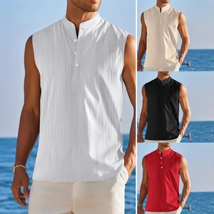 Men's Casual Sleeveless Henley Shirt Stand Collar Half Button Cotton Blend Summer Beach Tank Top Solid Color Textured Vest