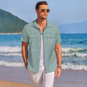 Men's green and white striped short sleeve leisure shirt with double chest pockets for summer