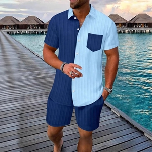 Men Casual Summer Beach Outfit Color Block Waffle Knit Short Sleeve Shirt And Drawstring Shorts Vacation Clothing Attire
