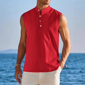 Men's red sleeveless cotton linen shirt with stand collar and buttoned placket for summer