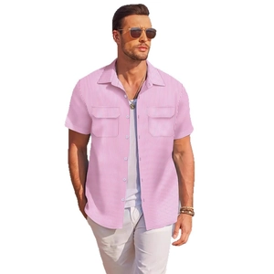 Men's summer casual short sleeve shirt featuring classic pink and white vertical stripes