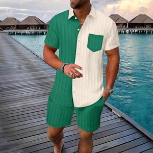 Men's summer Hawaiian beach set with green and white color block textured shirt and shorts