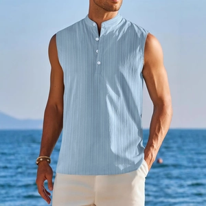 Men's slim fit sleeveless light blue vertical striped beach shirt with stand collar