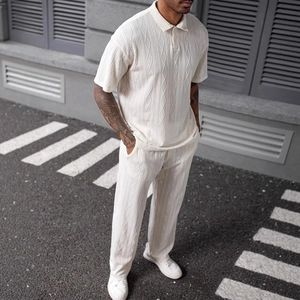 Men's Casual Knit Polo Shirt And Pants Set Textured Cable Jacquard Two Piece Top And Bottom Suit