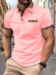 Détails du polo rose pour homme avec col et bordures de poche à carreaux marron