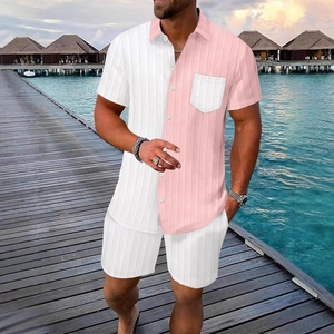 Men's summer Hawaiian beach set with white-pink jacquard shirt and matching shorts