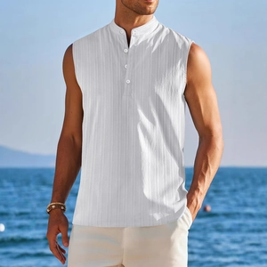 Men's white stand collar sleeveless beach vest with vertical stripe texture and buttons