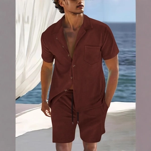 Men's summer casual two-piece ribbed knit outfit with button-down shirt and shorts