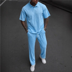 Men's sky blue knit polo shirt and trousers set with textured cable stitch pattern