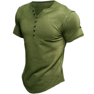 Men's slim fit short sleeve Henley T-shirt in olive green with 6-button placket
