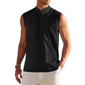 Men's summer black sleeveless shirt featuring a stand collar and textured cotton fabric