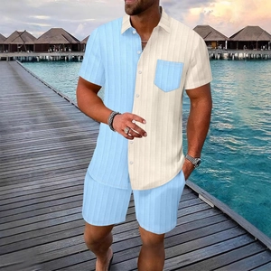 Men's summer beach set with blue and cream color block waffle knit shirt and shorts