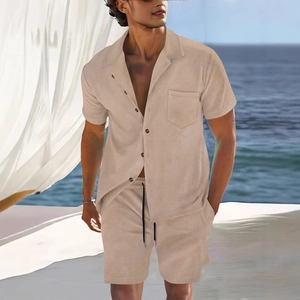 Men's summer casual two-piece set featuring short sleeve shirt and drawstring shorts