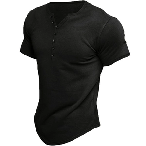 Men's slim fit black short sleeve Henley shirt with buttoned V-neck and curved hem design