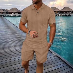 Men's khaki knit polo set featuring textured diamond patterns and matching shorts