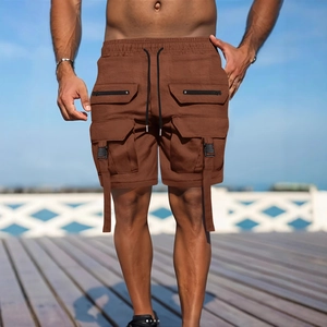 Men's dark brown cargo beach shorts with multiple pockets and drawstring waist design