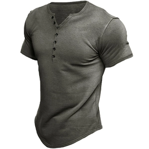 Detail of dark heather grey Henley shirt with five-button placket and curved hemline
