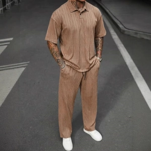 Men's camel textured knit polo shirt and trousers two-piece set in a casual loose style
