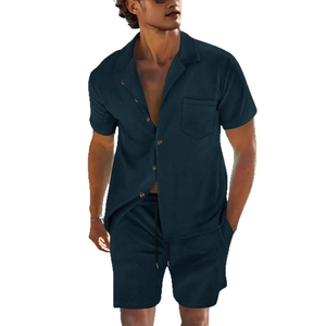 Men's summer casual two-piece teal shirt and shorts set with vertical ribbed texture