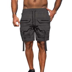 Men's fashion cargo shorts in dark gray with tactical multi-pockets and drawstrings
