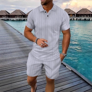 Men's summer casual two-piece polo set with geometric diamond pattern in light gray