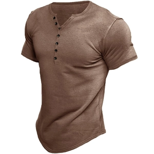 Macro detail of the coffee brown Henley shirt texture, collar buttons, and curved hemline