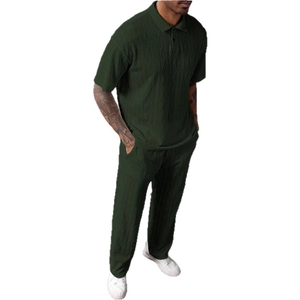 Men's dark green textured cable knit polo shirt and trousers two-piece casual set outfit