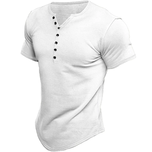 Men's white short sleeve Henley shirt with black buttons and curved hem detail