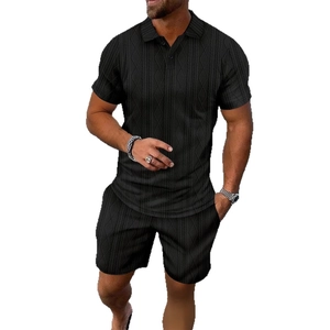 Men's summer 2-piece polo set with black short sleeve shirt and textured shorts