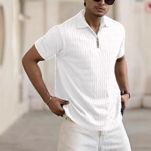 Polo Homme Décontracté à Manches Courtes Texturé Tricot Gaufrette Col Zippé Respirant Mélange de Coton Mode Été