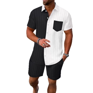 Men's two-piece black and white color-block summer beach set with waffle knit texture