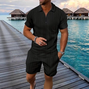 Men's summer black polo set with diamond texture and shorts on a tropical beach background