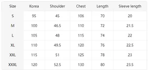 Detailed size chart for men sportswear set including shoulder chest and length measurements