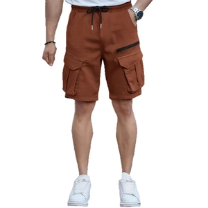 Men's brick red cargo shorts with multi-pockets and elastic drawstring waist in loose fit