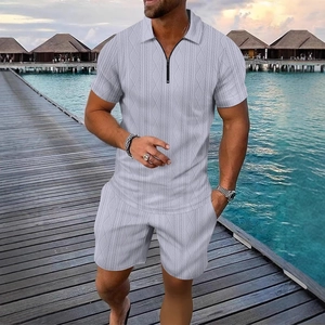 Men's summer casual polo set in light grey with geometric patterns and half-zip collar